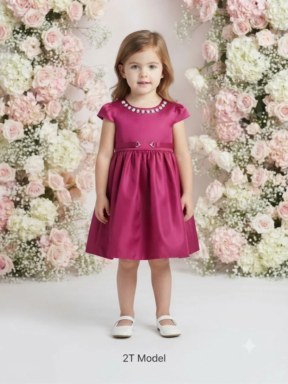 Girls Fuchsia Satin Party Dress with Jewel Neckline, S2T Girl, GUC
